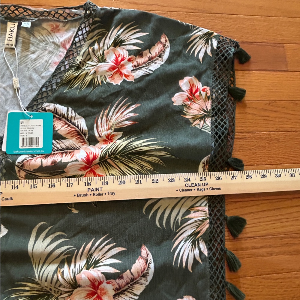 BAKU Swim Coverup OS Short Sleeve Deep V-Neck Semi-Sheer Coral Botanical Floral - Picture 6 of 14